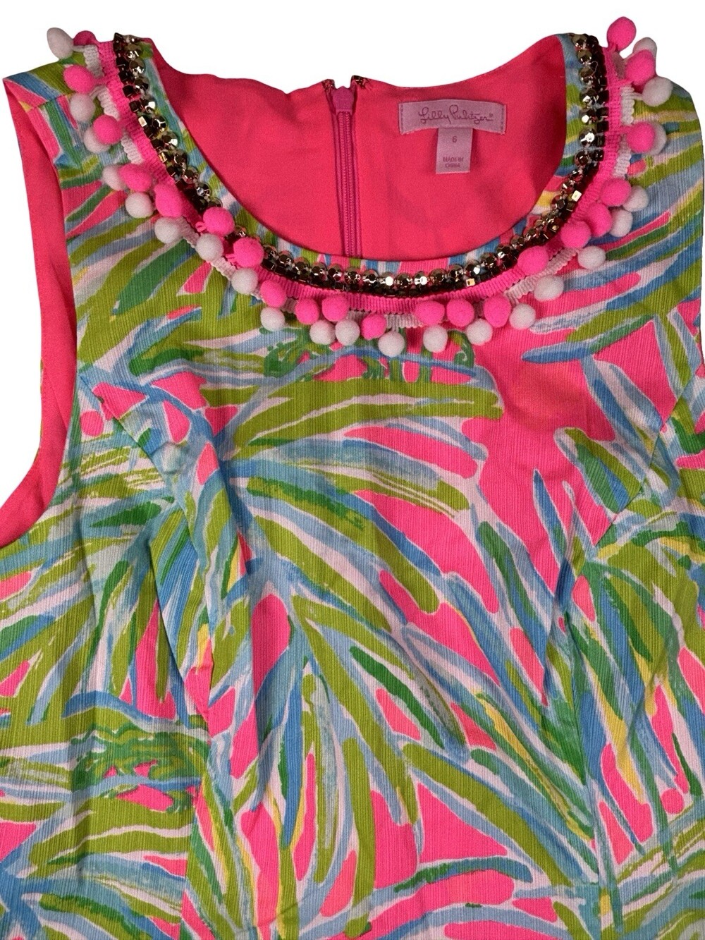 NWOT Lilly Pulitzer Mila Shift Dress Tiki Pink Royal Lime Pom Pom Sequins Size 6 - Picture 3 of 14